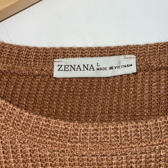 Zenana Women’s Boxy Waffle Knit Cuffed Sleeve Top Camel L - Picture 3 of 5